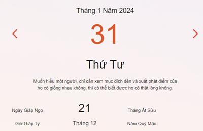 Lịch âm 31/1 - Âm lịch hôm nay 31/1 nhanh và chính xác - lịch vạn niên 31/1/2024