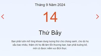 Lịch âm 14/9 - Âm lịch hôm nay 14 tháng 9 năm 2024 chính xác nhất - lịch vạn niên 14/9/2024