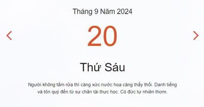 Lịch âm 20/9 - Âm lịch hôm nay 20/9/2024 chính xác nhất - lịch vạn niên 20/9/2024