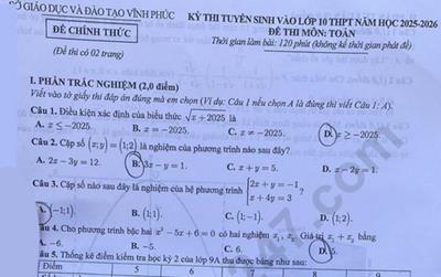 Đáp án đề thi môn Toán lớp 10 năm 2025 tại Vĩnh Phúc