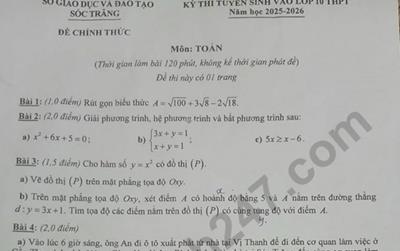 Đề thi và đáp án vào lớp 10 năm 2025 môn Toán tại Sóc Trăng