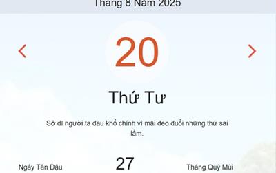 Lịch âm 20/8 - Âm lịch hôm nay 20/8 chính xác nhất - lịch vạn niên ngày 20/8/2025
