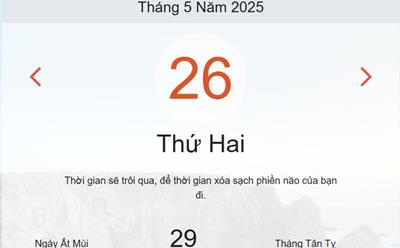 Lịch âm 26/5 - Âm lịch hôm nay 26/5 chính xác nhất - lịch vạn niên ngày 26/5/2025
