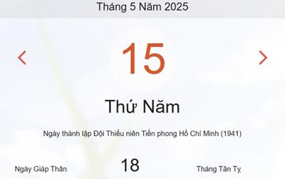 Lịch âm 15/5 - Âm lịch hôm nay 15/5 chính xác nhất - lịch vạn niên ngày 15/5/2025