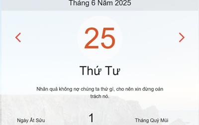 Lịch âm 25/6 - Âm lịch hôm nay 25/6 chính xác nhất - lịch vạn niên ngày 25/6/2025