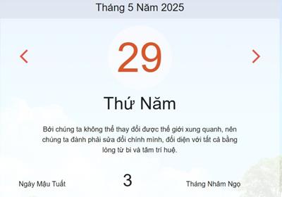Lịch âm 29/5 - Âm lịch hôm nay 29/5 chính xác nhất - lịch vạn niên ngày 29/5/2025