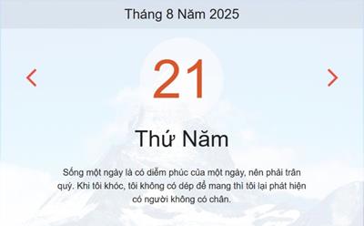 Lịch âm 21/8 - Âm lịch hôm nay 21/8 chính xác nhất - lịch vạn niên ngày 21/8/2025