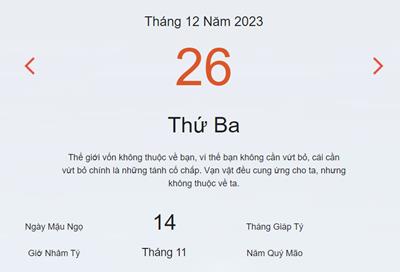 Lịch âm 26/12 - Âm lịch hôm nay 26/12 nhanh và chính xác - lịch vạn niên 26/12/2023