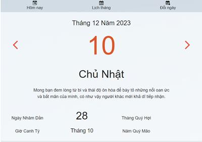 Lịch âm 10/12 - Âm lịch hôm nay 10/12 nhanh và chính xác - lịch vạn niên 10/12/2023