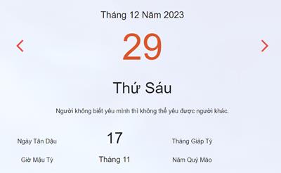 Lịch âm 29/12 - Âm lịch hôm nay 29/12 nhanh và chính xác - lịch vạn niên 29/12/2023