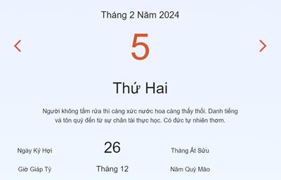 Lịch âm 5/2 - Âm lịch hôm nay 5/2 nhanh và chính xác - lịch vạn niên 5/2/2024