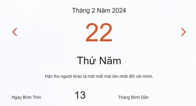 Lịch âm 22/2 - Âm lịch hôm nay 22/2 nhanh và chính xác - lịch vạn niên 22/2/2024