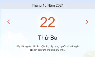 Lịch âm 22/10 - Âm lịch hôm nay 22/10 chính xác - lịch vạn niên ngày 22/10/2024