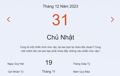 Lịch âm 31/12 - Âm lịch hôm nay 31/12 nhanh, chính xác - lịch vạn niên 31/12/2023