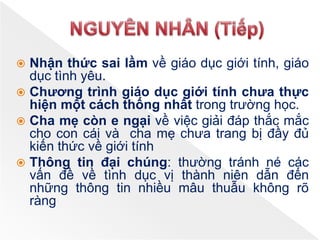  Nhận thức sai lầm về giáo dục giới tính, giáo
dục tình yêu.
 Chương trình giáo dục giới tính chưa thực
hiện một cách thống nhất trong trường học.
 Cha mẹ còn e ngại về việc giải đáp thắc mắc
cho con cái và cha mẹ chưa trang bị đầy đủ
kiến thức về giới tính
 Thông tin đại chúng: thường tránh né các
vấn đề về tình dục vị thành niên dẫn đến
những thông tin nhiều mâu thuẫu không rõ
ràng
 