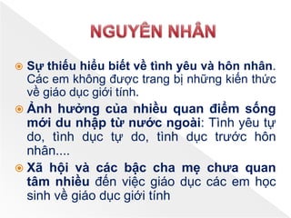  Sự thiếu hiểu biết về tình yêu và hôn nhân.
Các em không được trang bị những kiến thức
về giáo dục giới tính.
 Ảnh hưởng của nhiều quan điểm sống
mới du nhập từ nước ngoài: Tình yêu tự
do, tình dục tự do, tình dục trước hôn
nhân....
 Xã hội và các bậc cha mẹ chưa quan
tâm nhiều đến việc giáo dục các em học
sinh về giáo dục giới tính
 