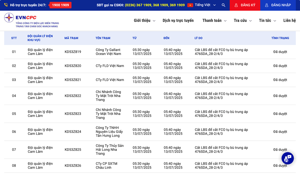 Lịch cắt điện Khánh Hòa cập nhật tại Điện lực miền Trung. 