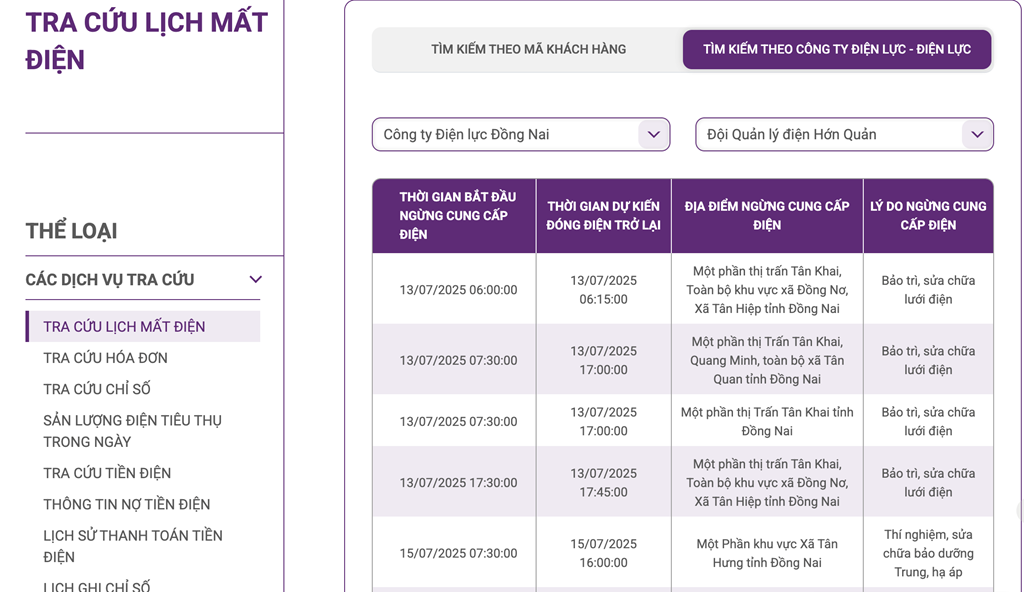 Lịch cắt điện Đồng Nai tại website của Điện lực miền Nam. 