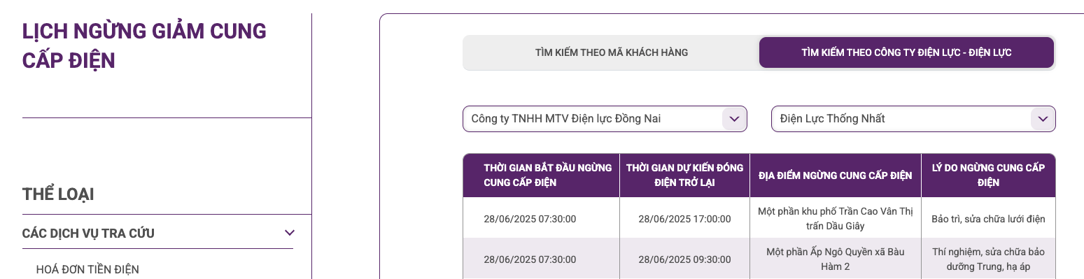 Lịch ngừng cấp điện trên địa bàn Đồng Nai ngày mai 28/6 được cập nhật ngày 27/6 tại website của EVNSPC.