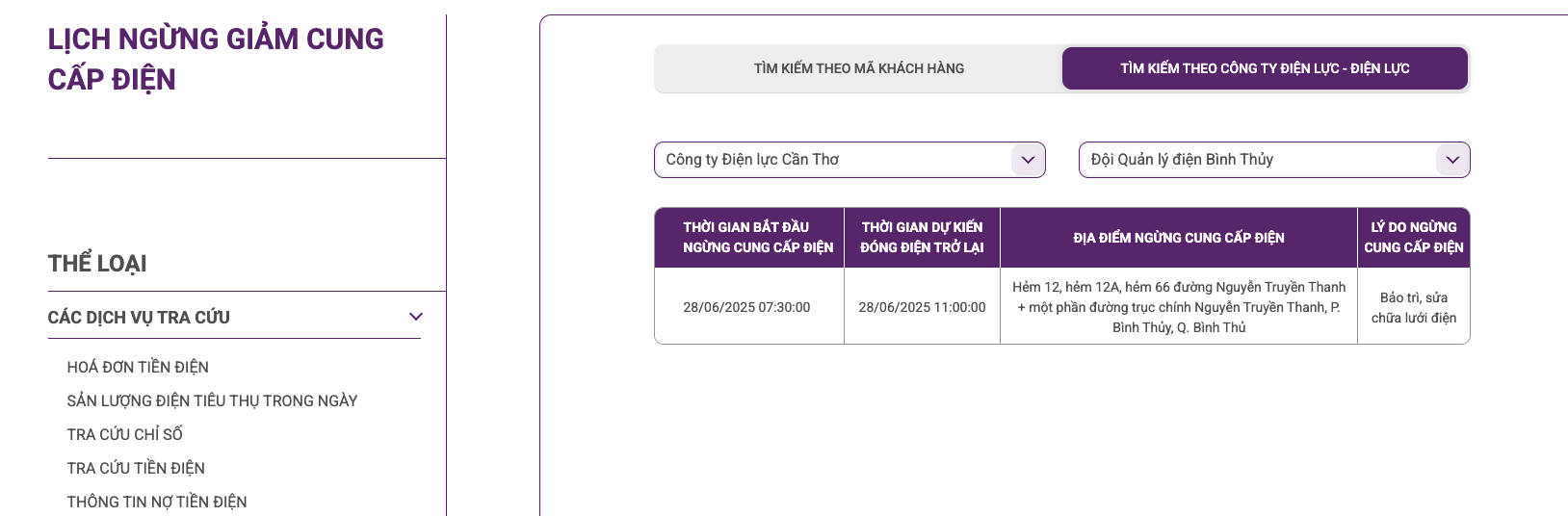 Lịch ngừng cấp điện tại Cần Thơ ngày mai 28/6 được cập nhật ngày 27/6 tại website của EVNSPC.