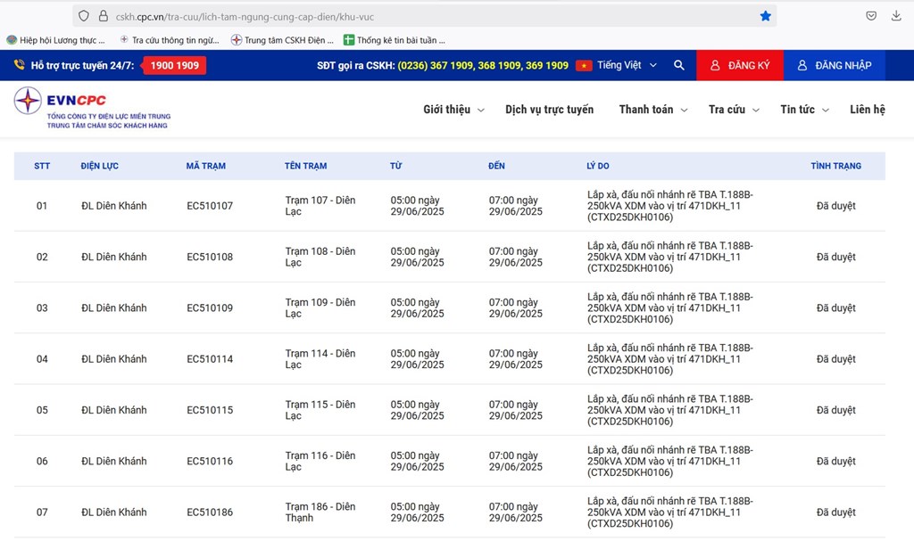 Lịch cắt điện Khánh Hòa ngày mai 29/6 trên website của EVNCPC cập nhật ngày 28/6.