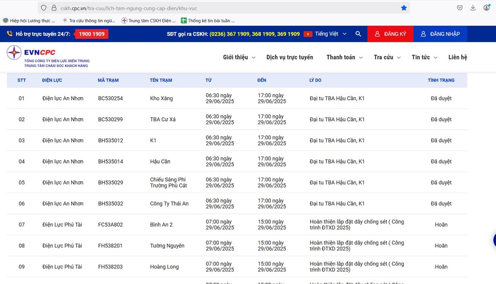 Lịch cắt điện Bình Định ngày mai 29/6 cập nhật ngày 28/6 tại website của EVNCPC.