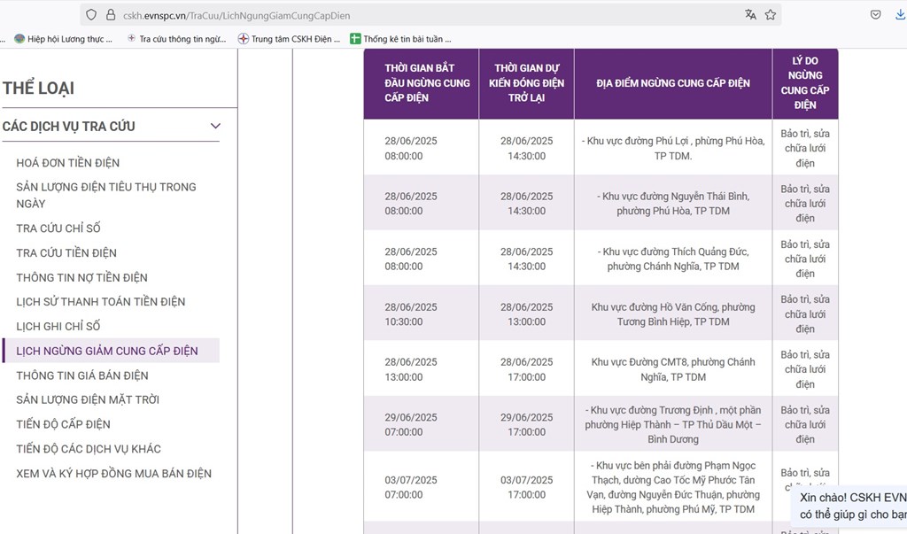 Thông tin cung cấp điện Bình Dương ngày 29/6 cập nhật ngày 28/6 tại www.cskh.evnspc.vn